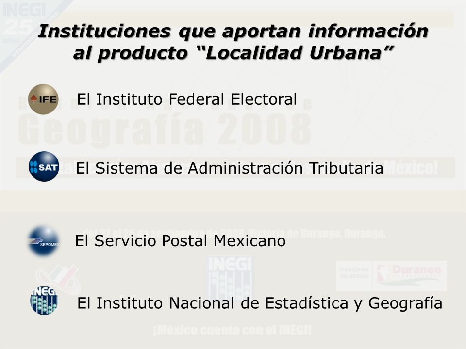 Instituciones que aportan información al producto Localidad Urbana