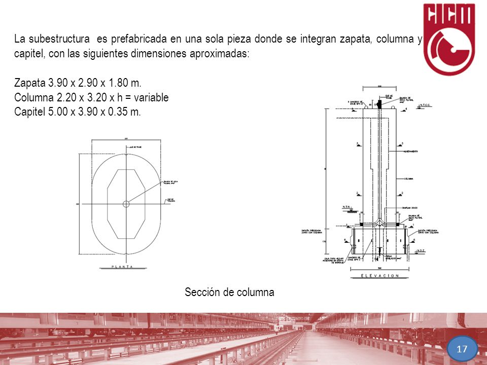 La subestructura es prefabricada en una sola pieza donde se integran zapata, columna y capitel, con las siguientes dimensiones aproximadas: