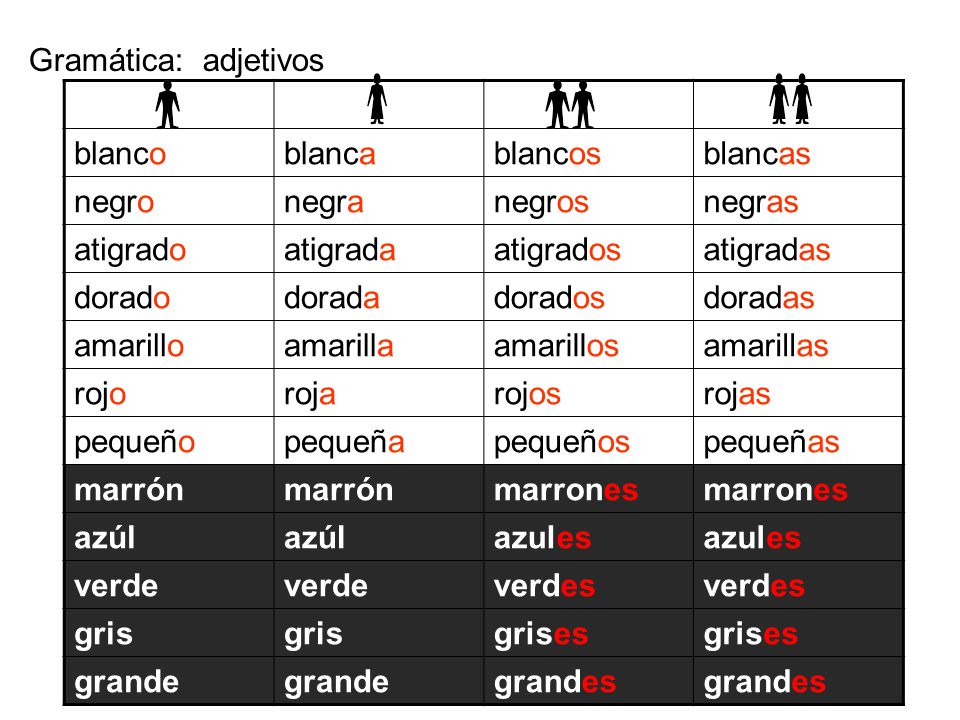 Gramática: adjetivos blanco. blanca. blancos. blancas. negro. negra. negros. negras. atigrado.