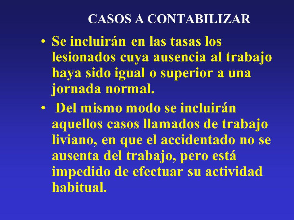 CASOS A CONTABILIZAR Se incluirán en las tasas los lesionados cuya ausencia al trabajo haya sido igual o superior a una jornada normal.