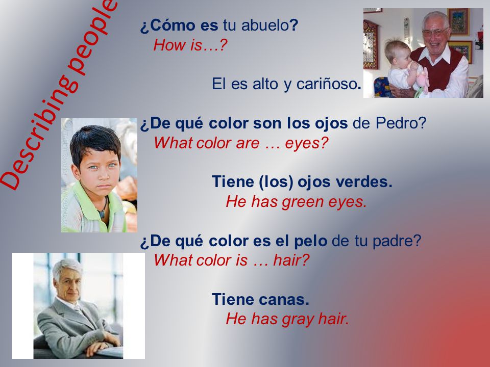 Describing people ¿Cómo es tu abuelo How is… El es alto y cariñoso.