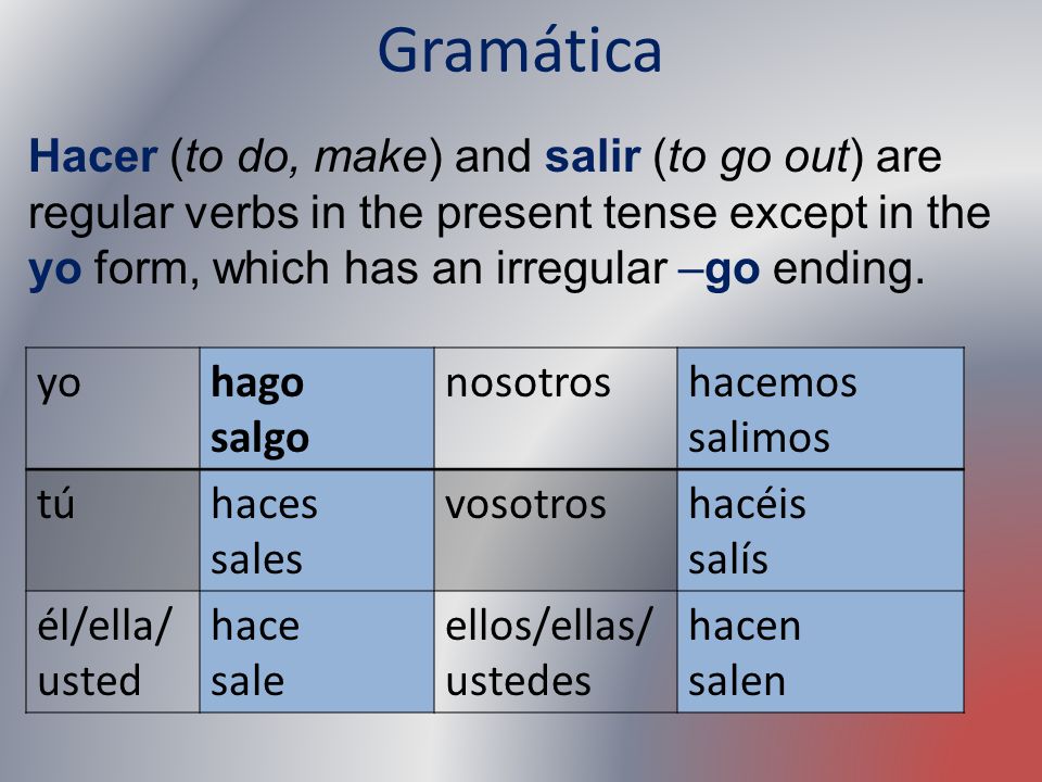 Gramática Hacer (to do, make) and salir (to go out) are regular verbs in the present tense except in the yo form, which has an irregular –go ending.