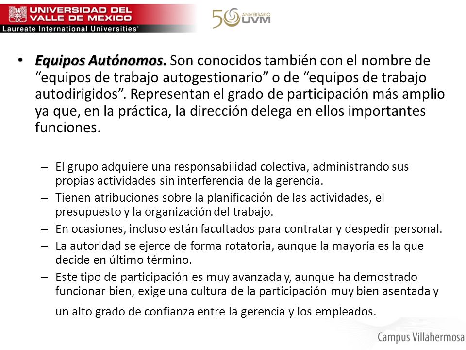 Equipos Autónomos. Son conocidos también con el nombre de equipos de trabajo autogestionario o de equipos de trabajo autodirigidos . Representan el grado de participación más amplio ya que, en la práctica, la dirección delega en ellos importantes funciones.