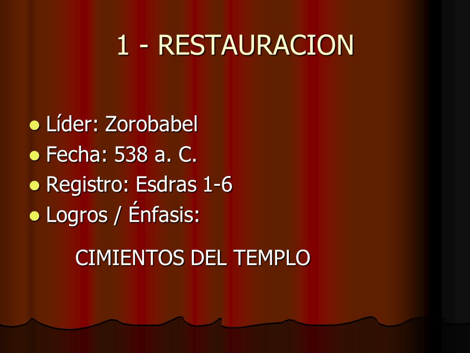 1 - RESTAURACION Líder: Zorobabel Fecha: 538 a. C.