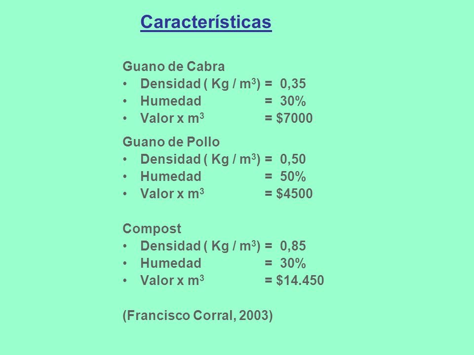Características Guano de Cabra Densidad ( Kg / m3) = 0,35