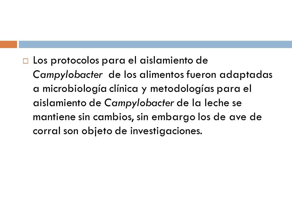 Los protocolos para el aislamiento de Campylobacter de los alimentos fueron adaptadas a microbiología clínica y metodologías para el aislamiento de Campylobacter de la leche se mantiene sin cambios, sin embargo los de ave de corral son objeto de investigaciones.