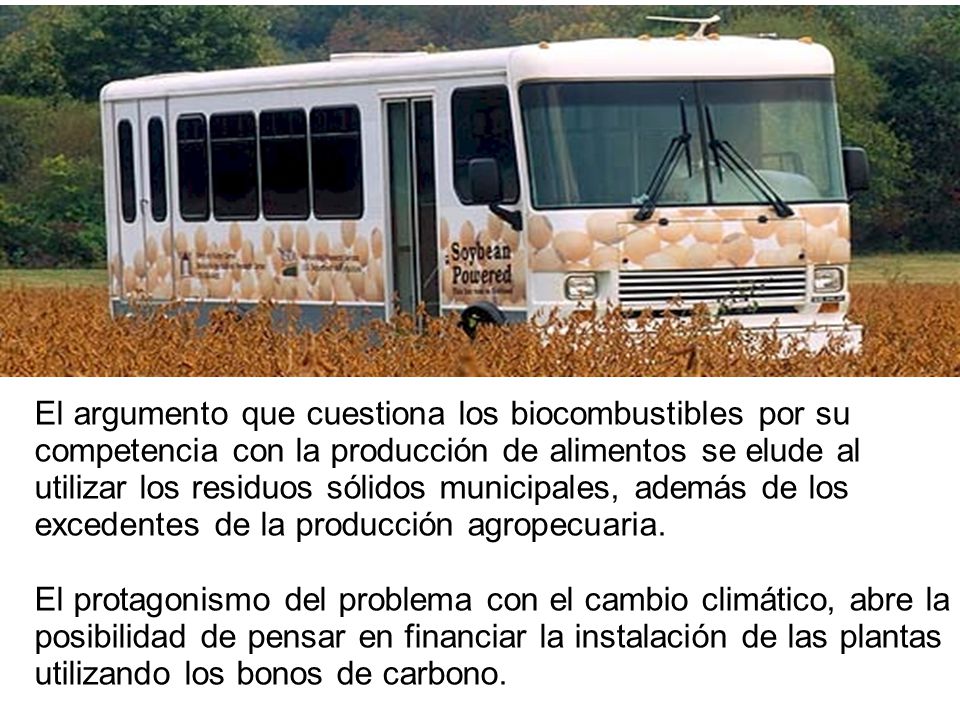 El argumento que cuestiona los biocombustibles por su competencia con la producción de alimentos se elude al utilizar los residuos sólidos municipales, además de los excedentes de la producción agropecuaria.