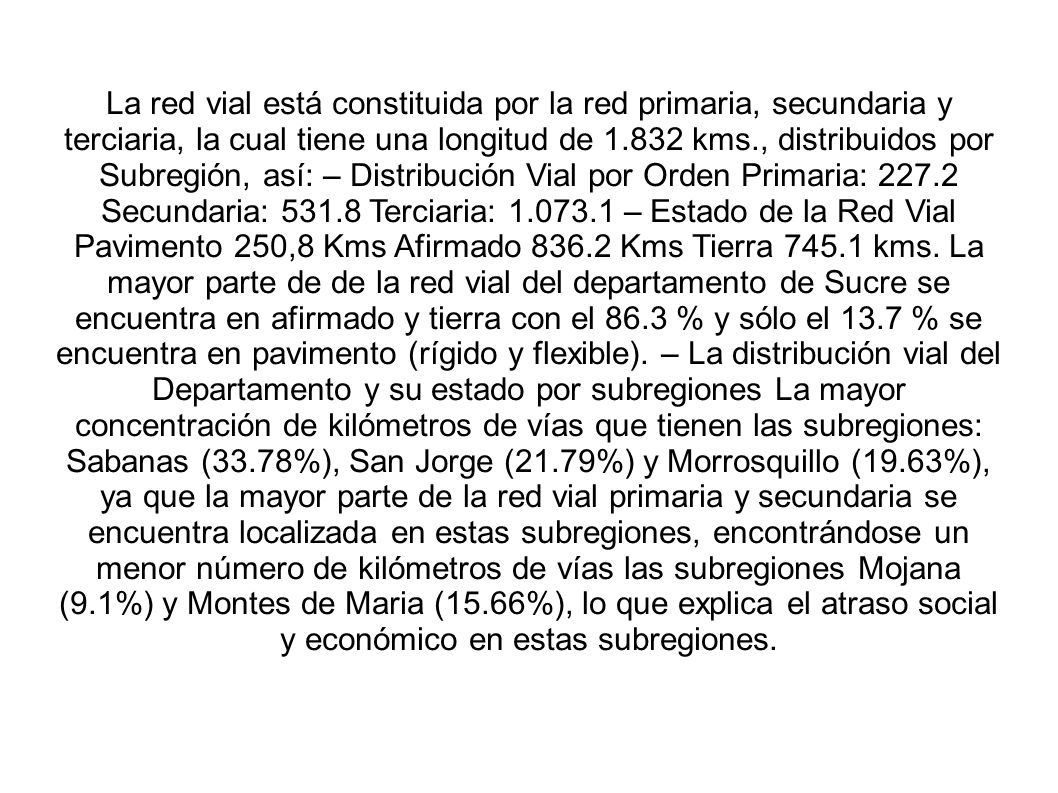 La red vial está constituida por la red primaria, secundaria y terciaria, la cual tiene una longitud de kms., distribuidos por Subregión, así: – Distribución Vial por Orden Primaria: Secundaria: Terciaria: – Estado de la Red Vial Pavimento 250,8 Kms Afirmado Kms Tierra kms.