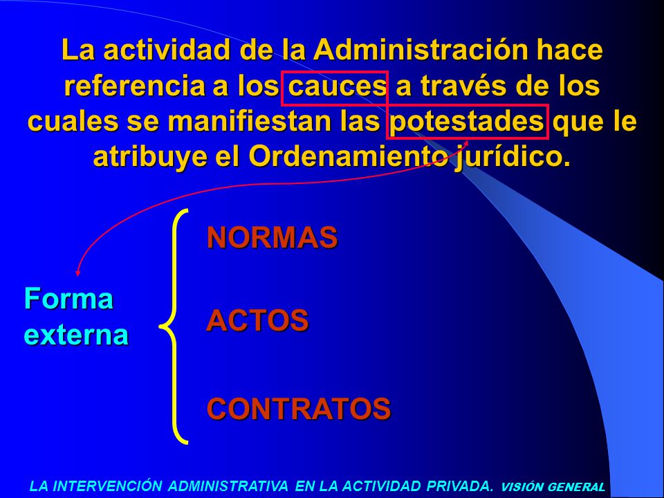 La actividad de la Administración hace referencia a los cauces a través de los cuales se manifiestan las potestades que le atribuye el Ordenamiento jurídico.