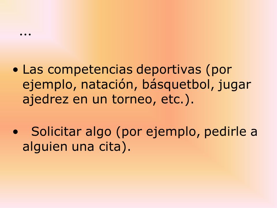 ... Las competencias deportivas (por ejemplo, natación, básquetbol, jugar ajedrez en un torneo, etc.).
