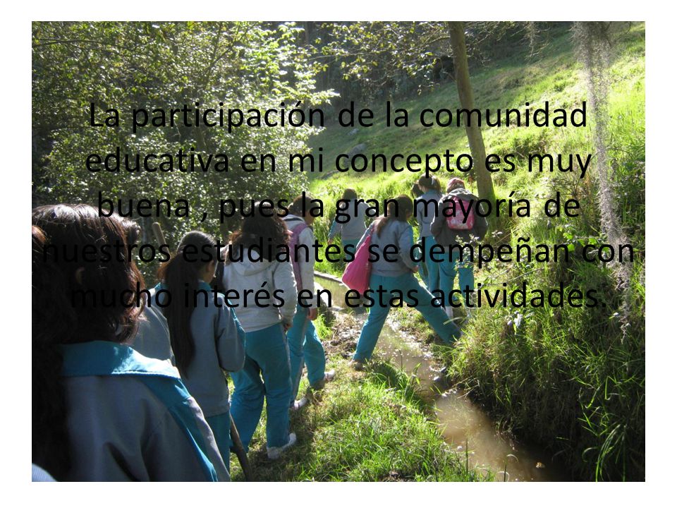La participación de la comunidad educativa en mi concepto es muy buena , pues la gran mayoría de nuestros estudiantes se dempeñan con mucho interés en estas actividades.