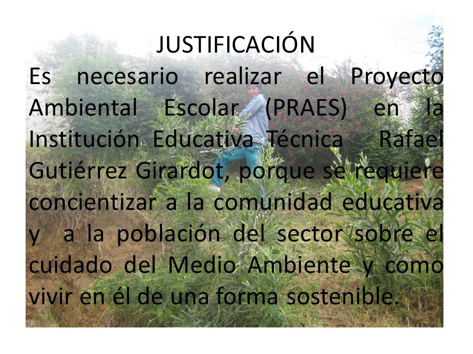 JUSTIFICACIÓN Es necesario realizar el Proyecto Ambiental Escolar (PRAES) en la Institución Educativa Técnica Rafael Gutiérrez Girardot, porque se requiere concientizar a la comunidad educativa y a la población del sector sobre el cuidado del Medio Ambiente y como vivir en él de una forma sostenible.