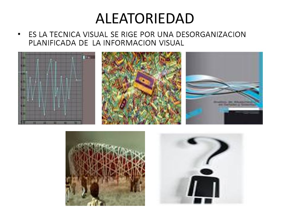 ALEATORIEDAD ES LA TECNICA VISUAL SE RIGE POR UNA DESORGANIZACION PLANIFICADA DE LA INFORMACION VISUAL.