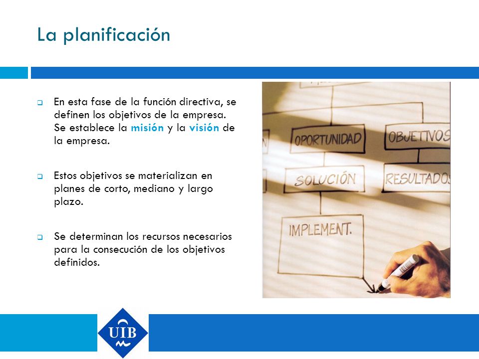 La planificación En esta fase de la función directiva, se definen los objetivos de la empresa. Se establece la misión y la visión de la empresa.