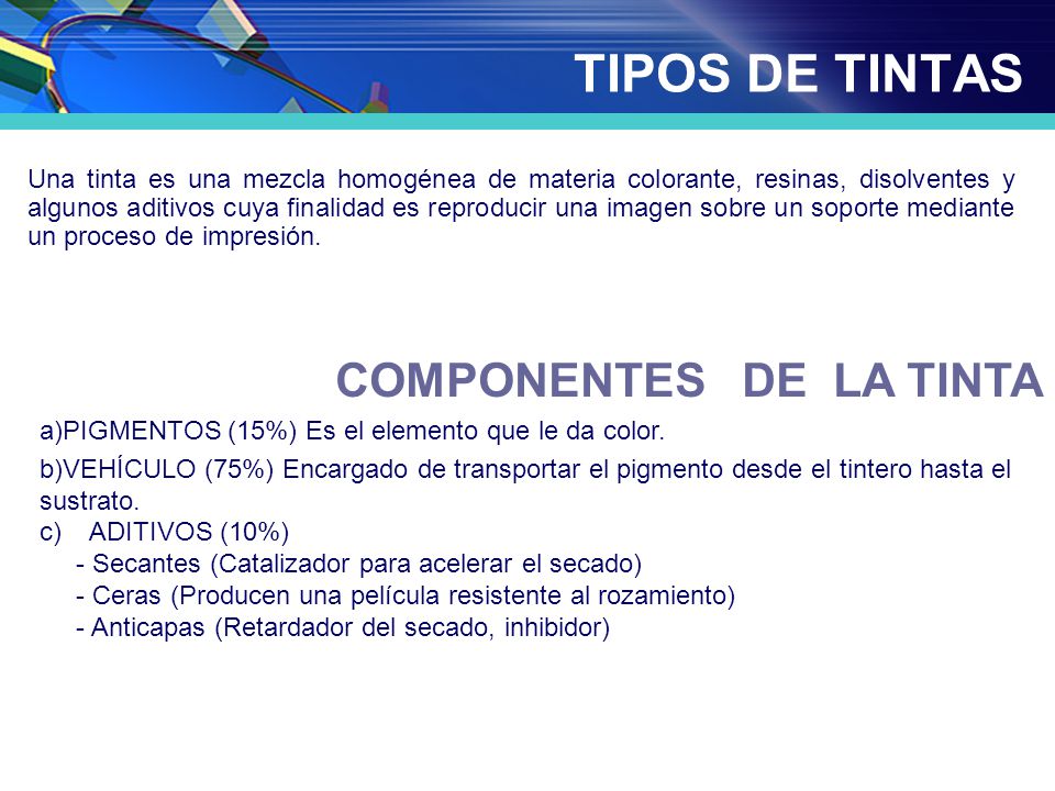 TIPOS DE TINTAS COMPONENTES DE LA TINTA