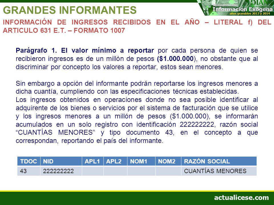 GRANDES INFORMANTES INFORMACIÓN DE INGRESOS RECIBIDOS EN EL AÑO – LITERAL f) DEL ARTICULO 631 E.T. – FORMATO