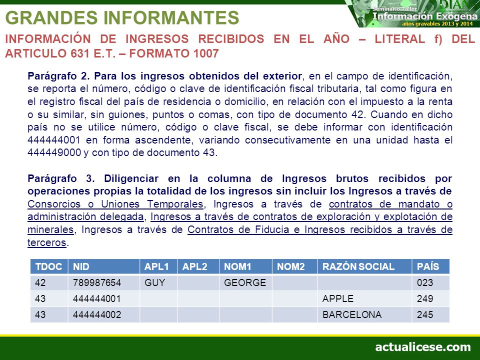 GRANDES INFORMANTES INFORMACIÓN DE INGRESOS RECIBIDOS EN EL AÑO – LITERAL f) DEL ARTICULO 631 E.T. – FORMATO