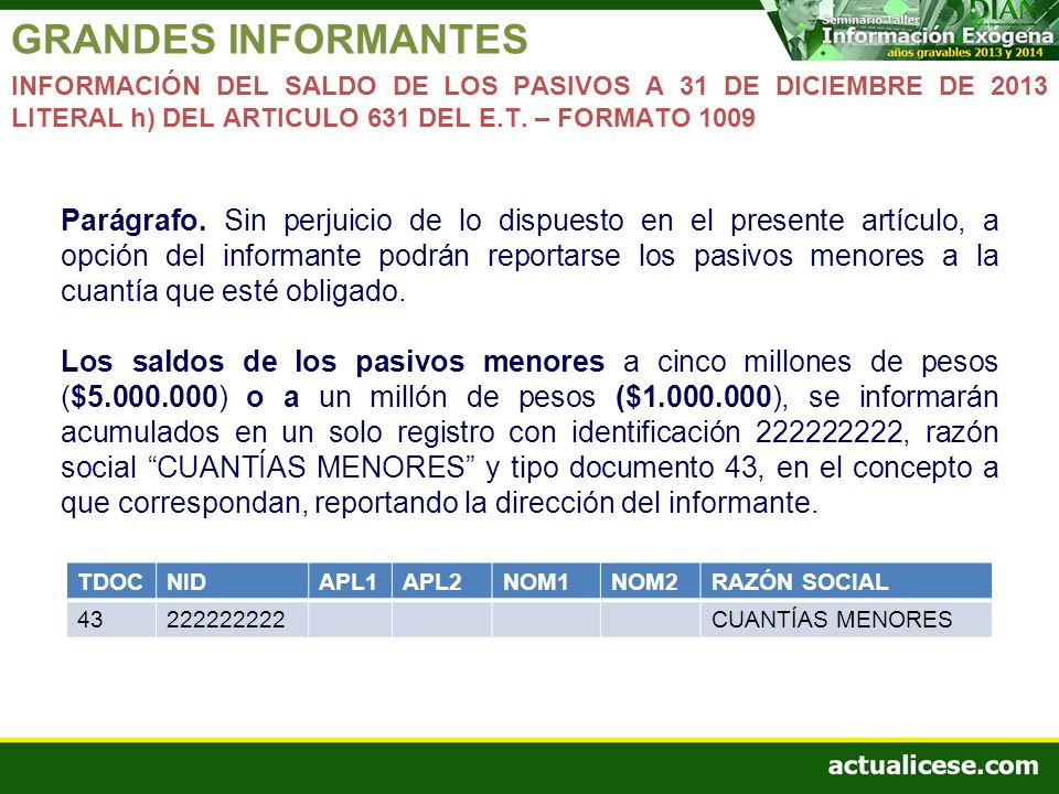 GRANDES INFORMANTES INFORMACIÓN DEL SALDO DE LOS PASIVOS A 31 DE DICIEMBRE DE 2013 LITERAL h) DEL ARTICULO 631 DEL E.T. – FORMATO