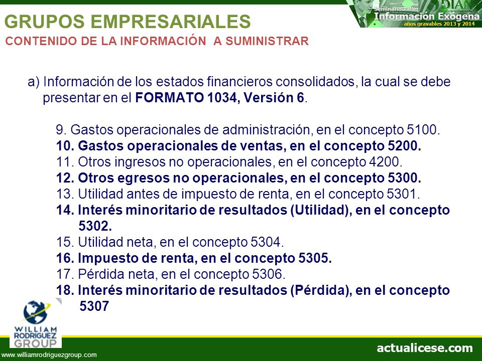 GRUPOS EMPRESARIALES CONTENIDO DE LA INFORMACIÓN A SUMINISTRAR. a) Información de los estados financieros consolidados, la cual se debe.