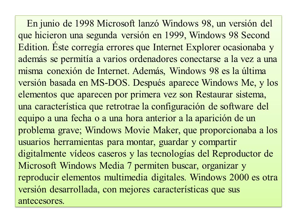 En junio de 1998 Microsoft lanzó Windows 98, un versión del que hicieron una segunda versión en 1999, Windows 98 Second Edition.