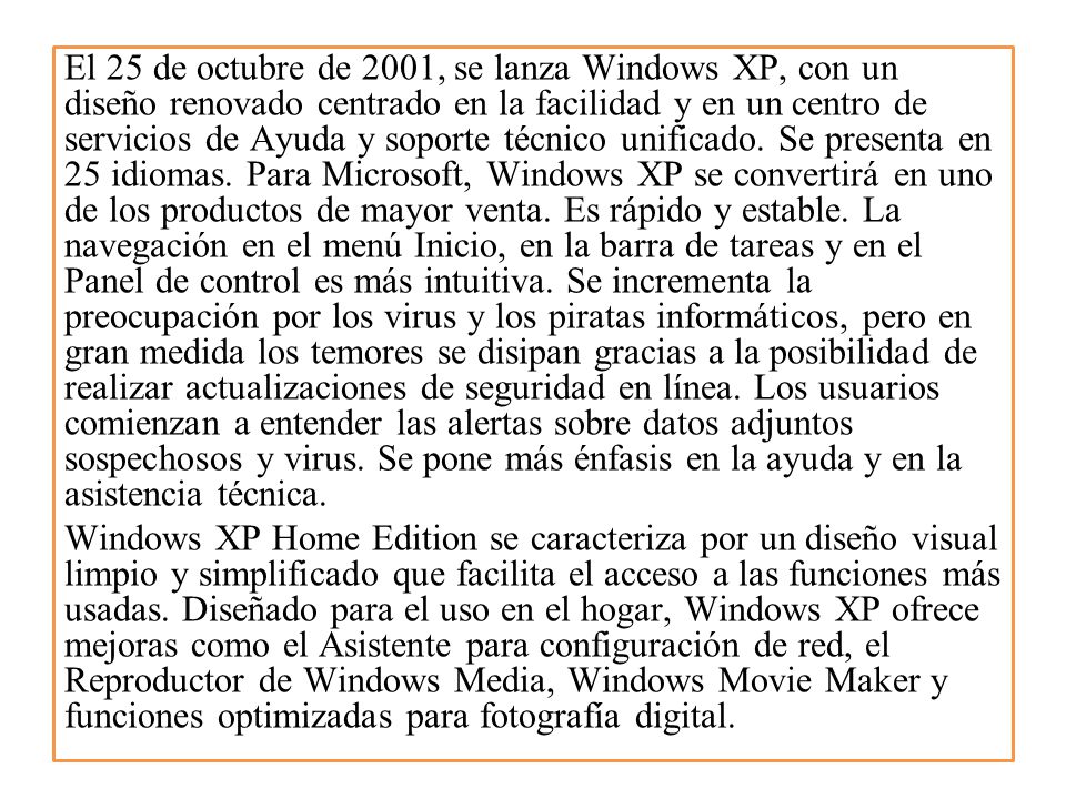 El 25 de octubre de 2001, se lanza Windows XP, con un diseño renovado centrado en la facilidad y en un centro de servicios de Ayuda y soporte técnico unificado.