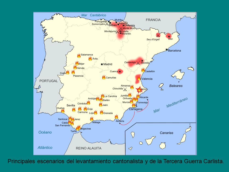 Principales escenarios del levantamiento cantonalista y de la Tercera Guerra Carlista.