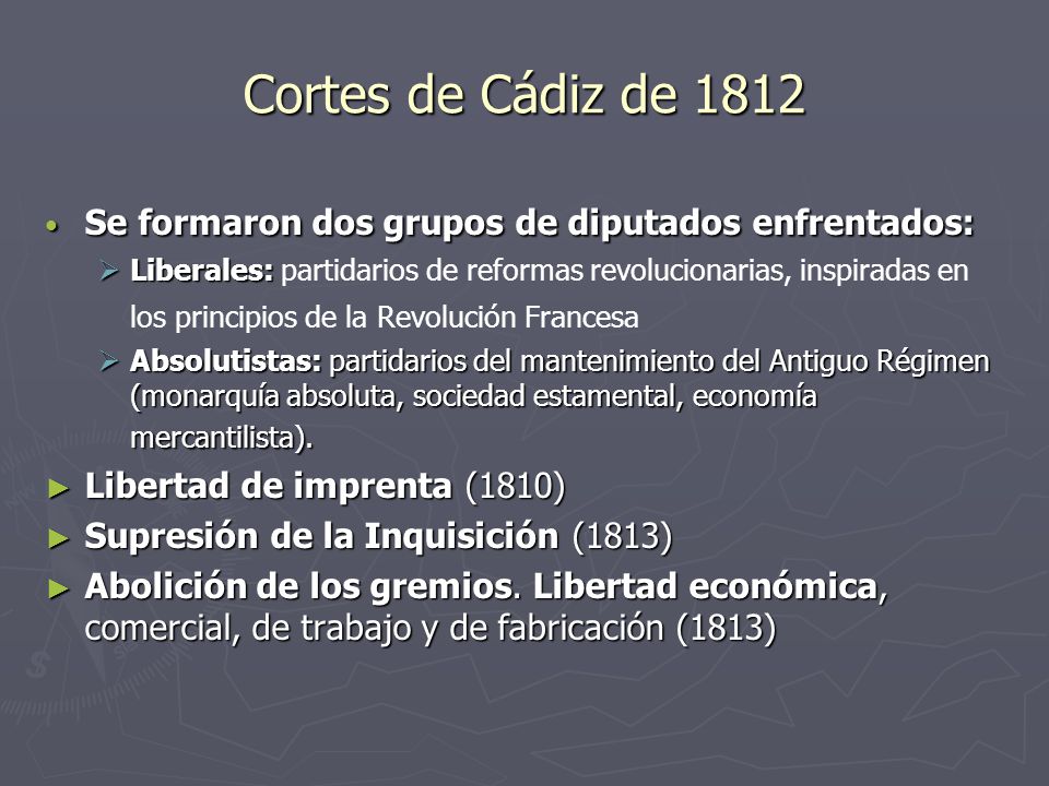 Cortes de Cádiz de 1812 Se formaron dos grupos de diputados enfrentados: