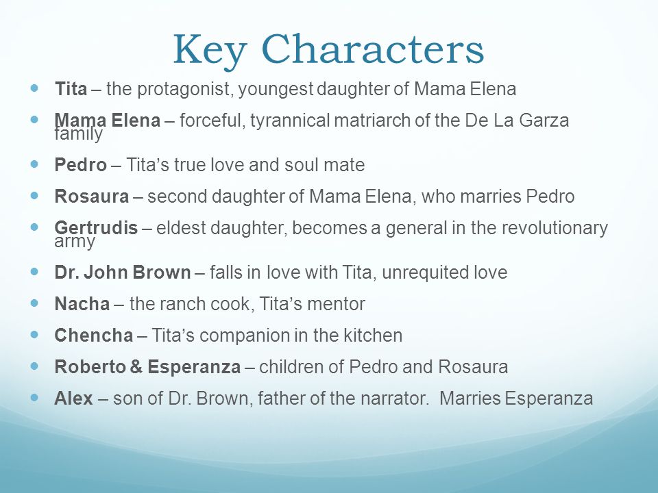 Key Characters Tita – the protagonist, youngest daughter of Mama Elena
