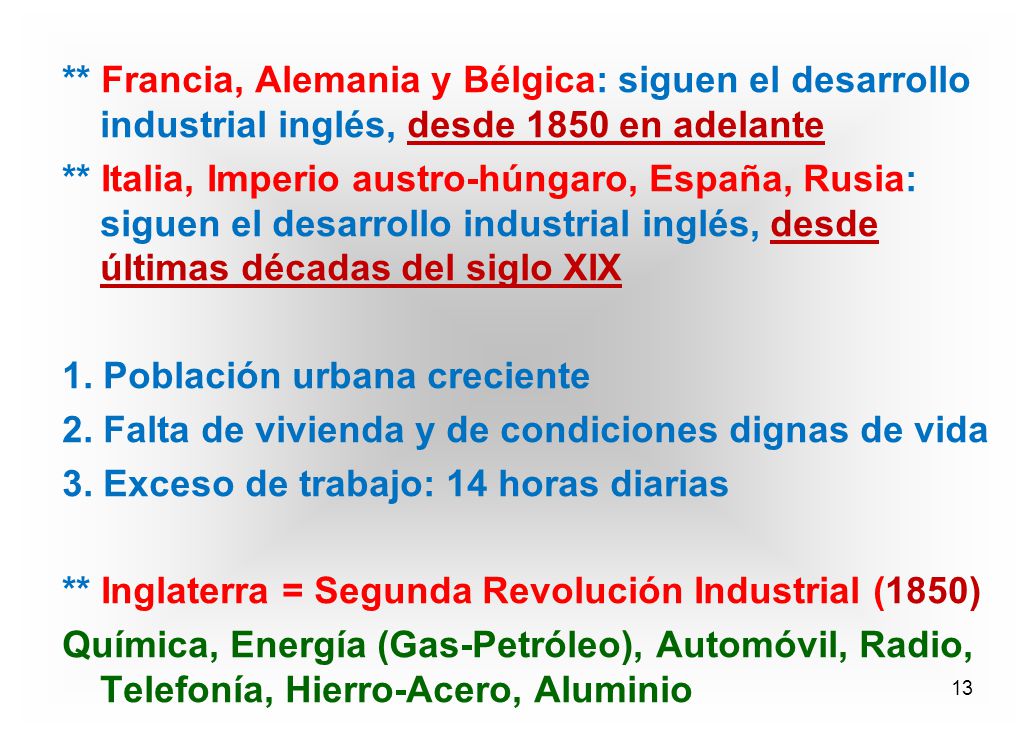 ** Francia, Alemania y Bélgica: siguen el desarrollo industrial inglés, desde 1850 en adelante ** Italia, Imperio austro-húngaro, España, Rusia: siguen el desarrollo industrial inglés, desde últimas décadas del siglo XIX 1.