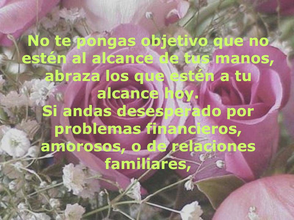 No te pongas objetivo que no estén al alcance de tus manos, abraza los que estén a tu alcance hoy.
