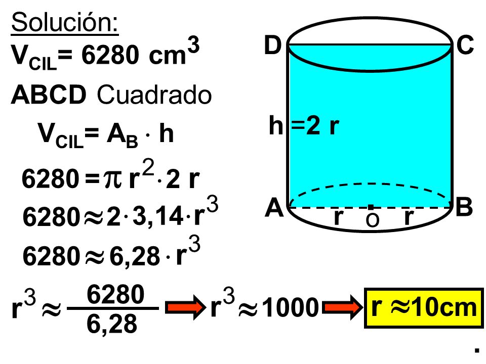 .      r r r r 10cm r r . Solución: D C VCIL= 6280 cm3