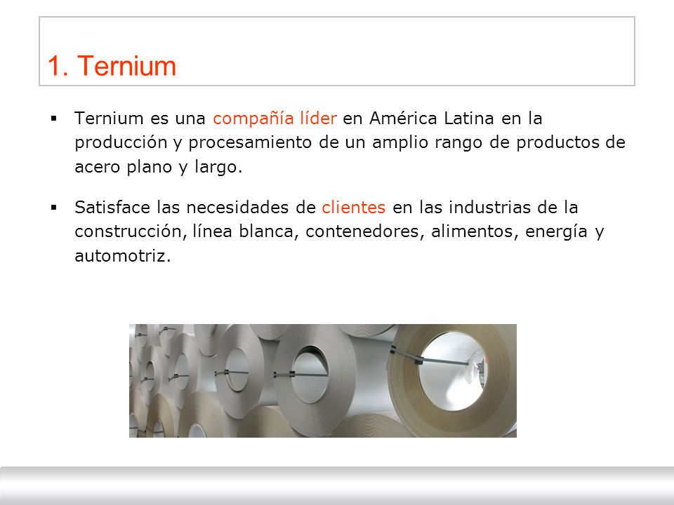 1. Ternium Ternium es una compañía líder en América Latina en la producción y procesamiento de un amplio rango de productos de acero plano y largo.