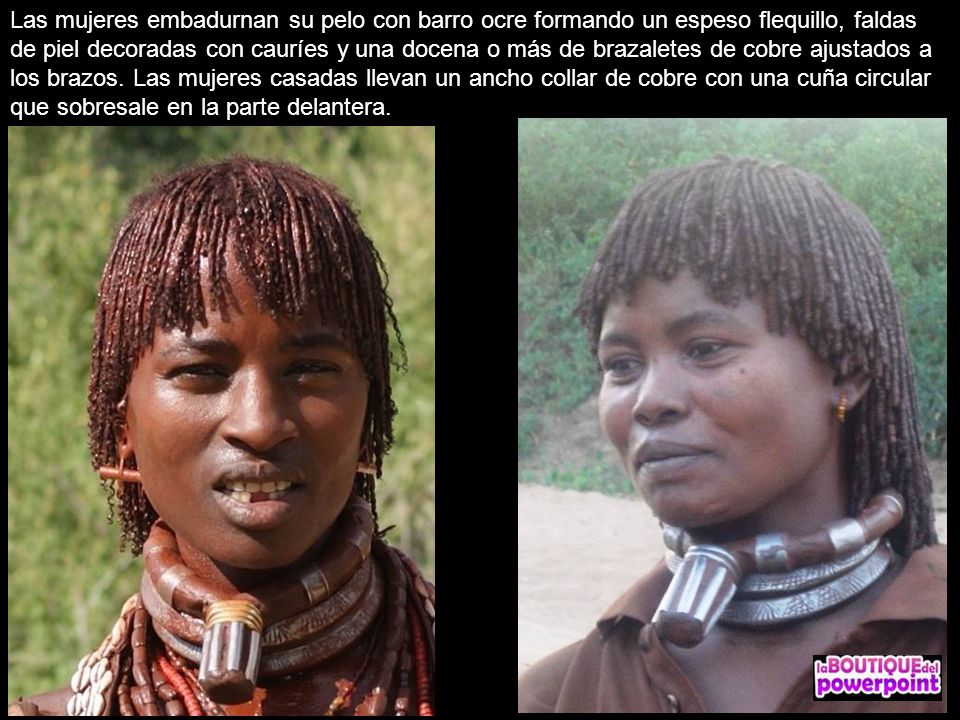 Las mujeres embadurnan su pelo con barro ocre formando un espeso flequillo, faldas de piel decoradas con cauríes y una docena o más de brazaletes de cobre ajustados a los brazos.