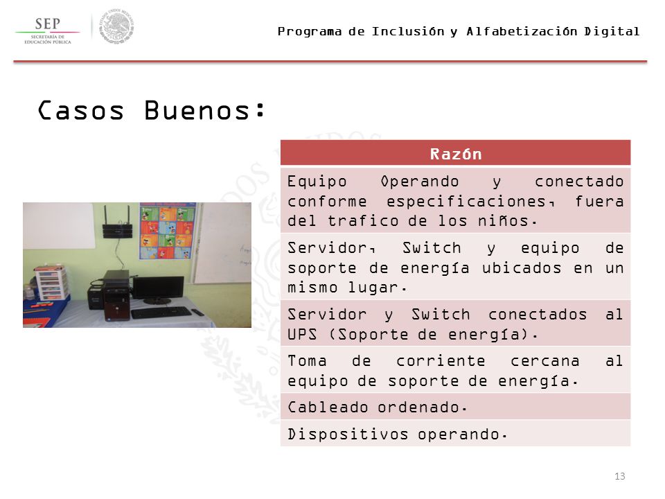 Casos Buenos: Razón. Equipo Operando y conectado conforme especificaciones, fuera del trafico de los niños.