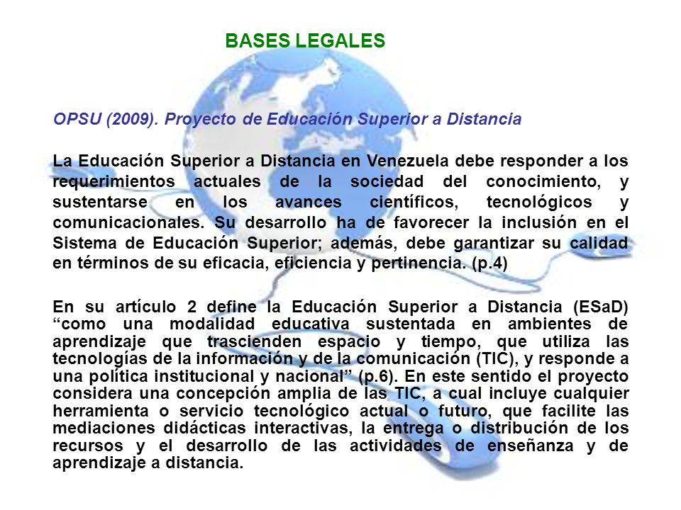 BASES LEGALES OPSU (2009). Proyecto de Educación Superior a Distancia