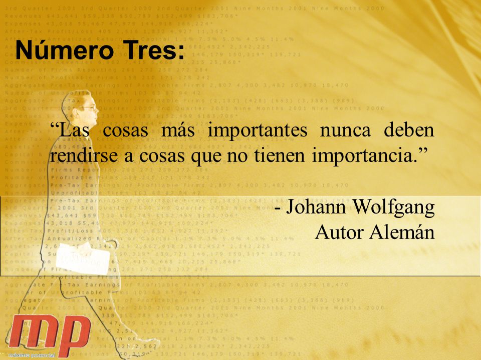 Número Tres: Las cosas más importantes nunca deben rendirse a cosas que no tienen importancia. - Johann Wolfgang Autor Alemán.