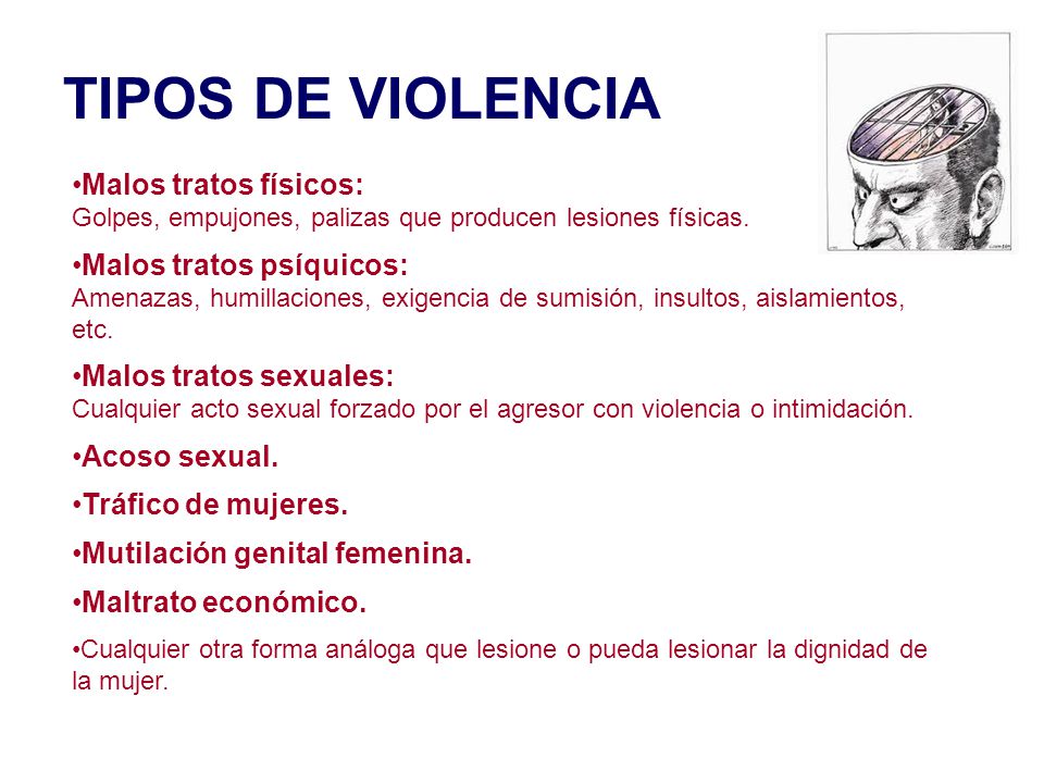 TIPOS DE VIOLENCIA Malos tratos físicos: Golpes, empujones, palizas que producen lesiones físicas.