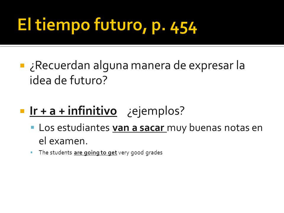 El tiempo futuro, p. 454 ¿Recuerdan alguna manera de expresar la idea de futuro Ir + a + infinitivo ¿ejemplos