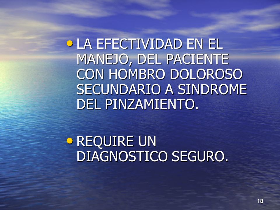 LA EFECTIVIDAD EN EL MANEJO, DEL PACIENTE CON HOMBRO DOLOROSO SECUNDARIO A SINDROME DEL PINZAMIENTO.