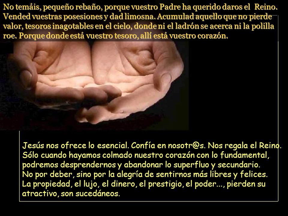 No temáis, pequeño rebaño, porque vuestro Padre ha querido daros el Reino. Vended vuestras posesiones y dad limosna. Acumulad aquello que no pierde valor, tesoros inagotables en el cielo, donde ni el ladrón se acerca ni la polilla roe. Porque donde está vuestro tesoro, allí está vuestro corazón.
