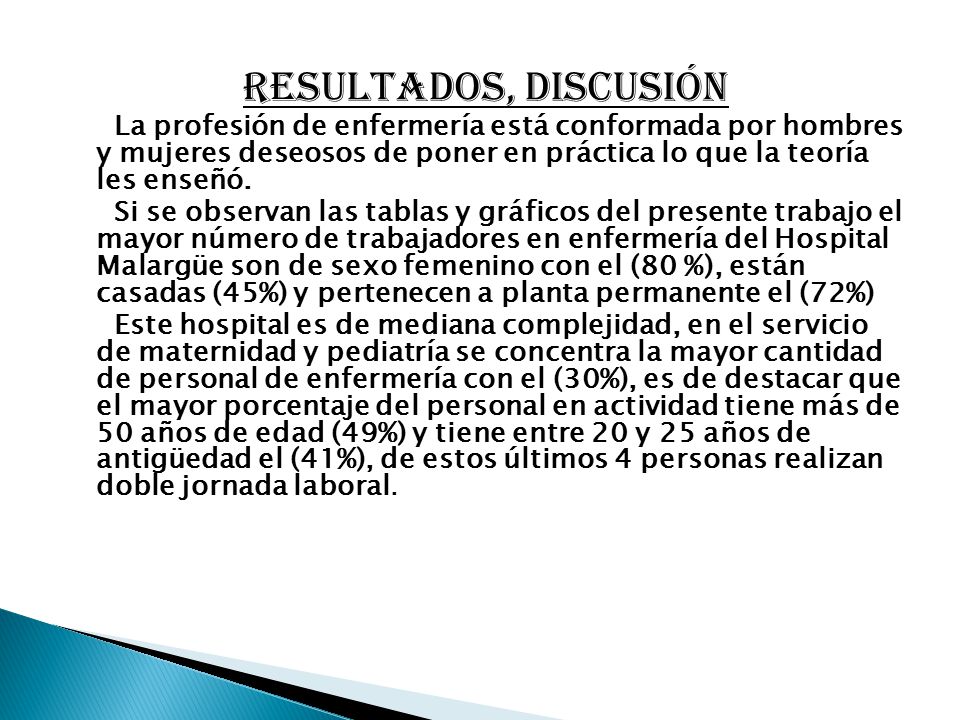 RESULTADOS, DISCUSIÓN La profesión de enfermería está conformada por hombres y mujeres deseosos de poner en práctica lo que la teoría les enseñó.
