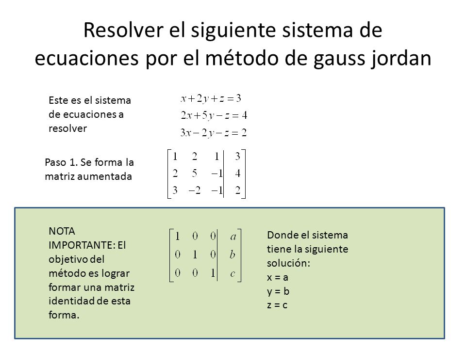 Resolver el siguiente sistema de ecuaciones por el método de gauss jordan
