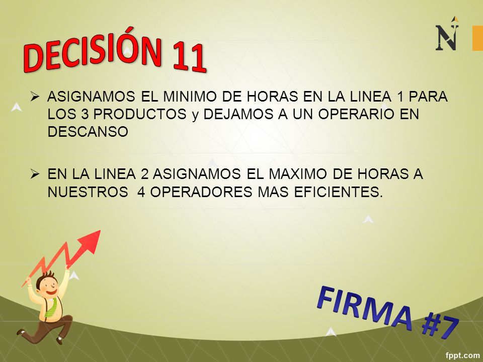 DECISIÓN 11 ASIGNAMOS EL MINIMO DE HORAS EN LA LINEA 1 PARA LOS 3 PRODUCTOS y DEJAMOS A UN OPERARIO EN DESCANSO.