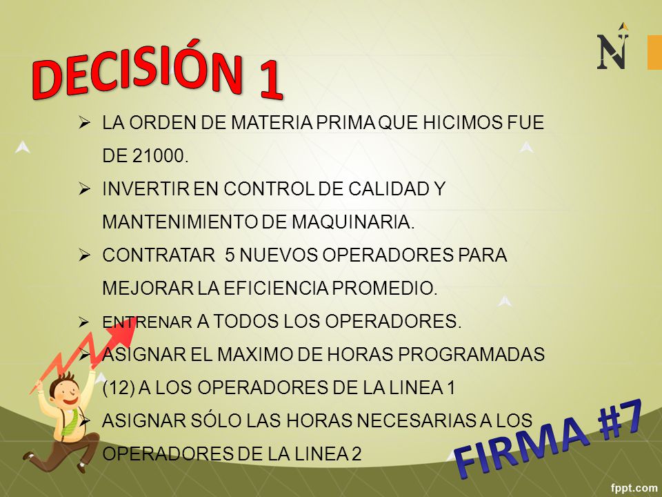 DECISIÓN 1 LA ORDEN DE MATERIA PRIMA QUE HICIMOS FUE DE INVERTIR EN CONTROL DE CALIDAD Y MANTENIMIENTO DE MAQUINARIA.