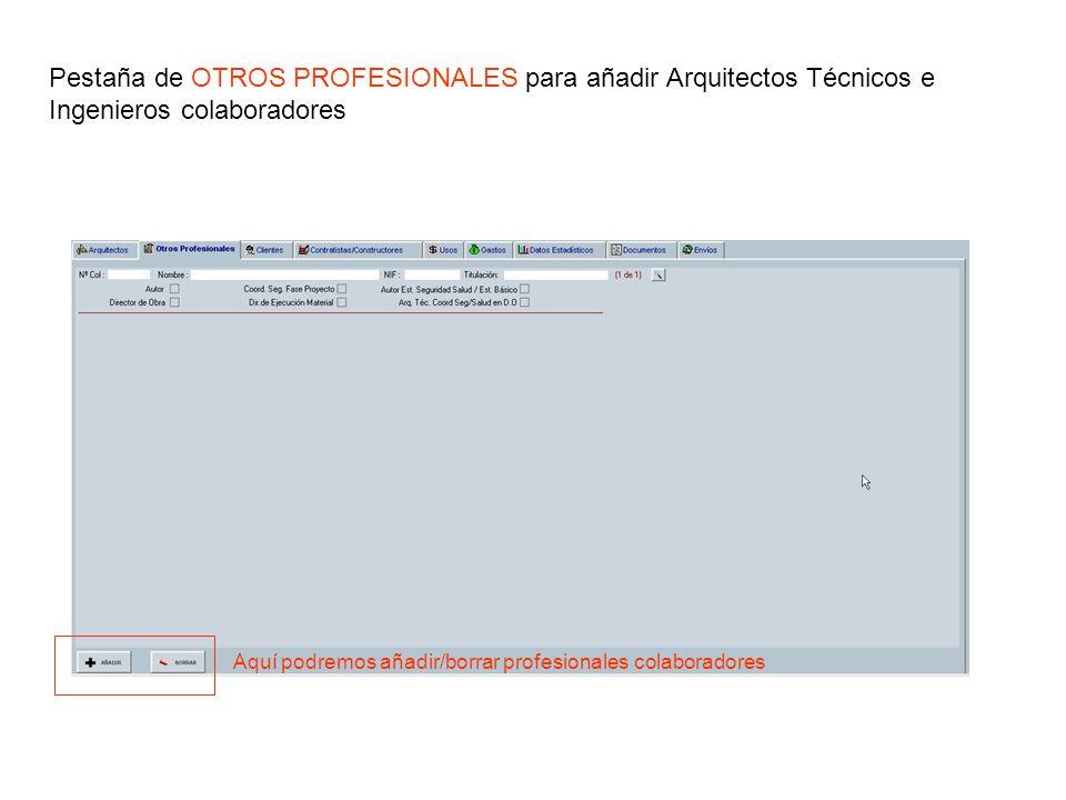 Pestaña de OTROS PROFESIONALES para añadir Arquitectos Técnicos e Ingenieros colaboradores