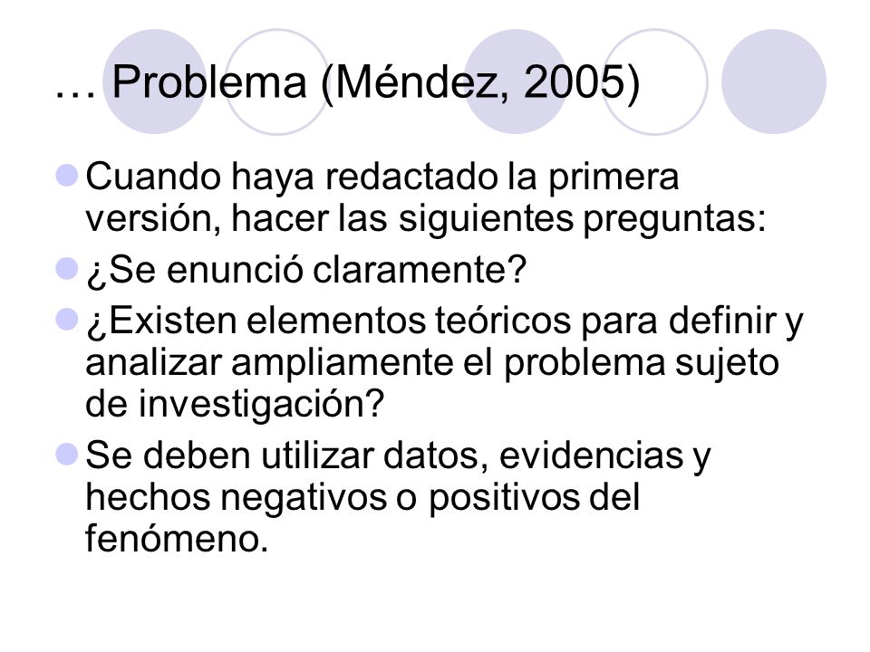… Problema (Méndez, 2005) Cuando haya redactado la primera versión, hacer las siguientes preguntas: