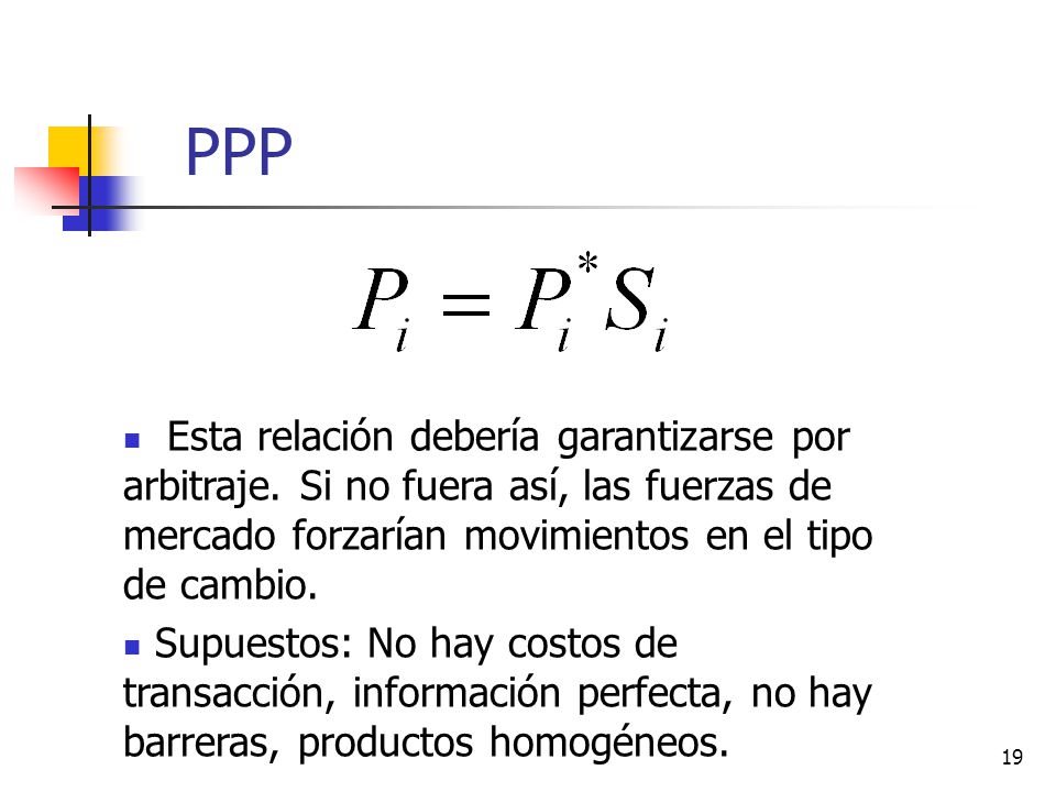 PPP Esta relación debería garantizarse por arbitraje. Si no fuera así, las fuerzas de mercado forzarían movimientos en el tipo de cambio.