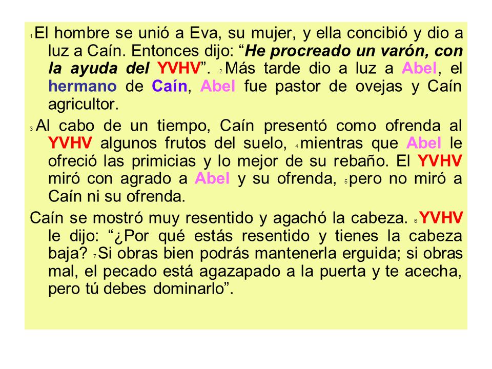 1 El hombre se unió a Eva, su mujer, y ella concibió y dio a luz a Caín. Entonces dijo: He procreado un varón, con la ayuda del YVHV . 2 Más tarde dio a luz a Abel, el hermano de Caín, Abel fue pastor de ovejas y Caín agricultor.