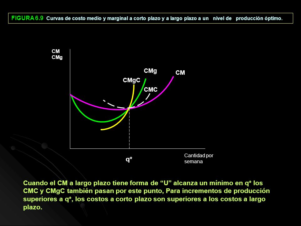 FIGURA 6.9 Curvas de costo medio y marginal a corto plazo y a largo plazo a un nivel de producción óptimo.