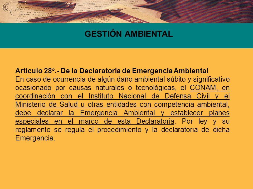 GESTIÓN AMBIENTAL Artículo 28°.- De la Declaratoria de Emergencia Ambiental.